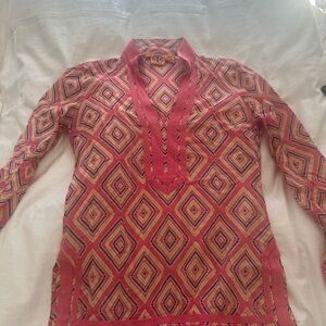 Tory Burch Pink and Yellow Geometric Blouse
